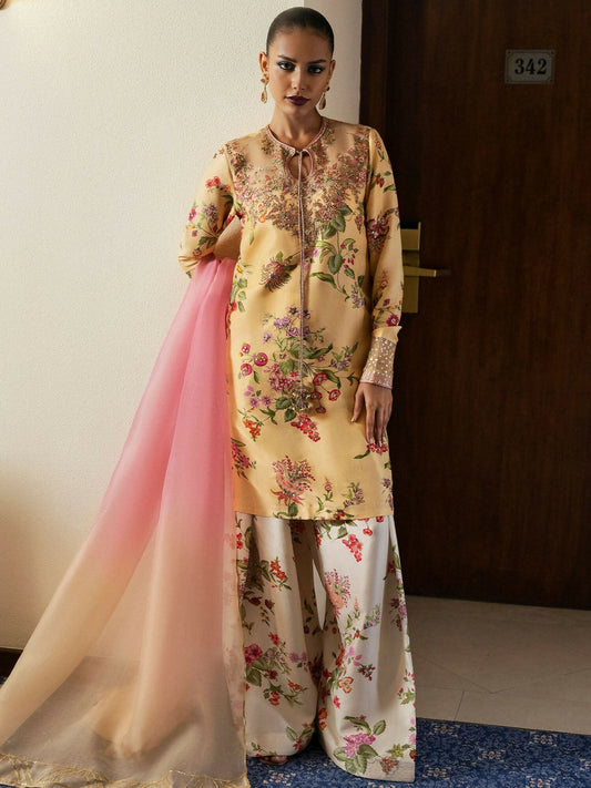 Hussain Rehar stitched 3-piece suit with digital-printed raw silk shirt, organza dupatta, and ivory shalwar.