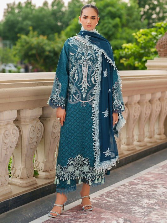 Parishay Ivy Bloom Winter unstitched 3-piece suit with embroidered neckline, front daman, border, sleeve patch, chiffon dupatta, and viscose trouser.