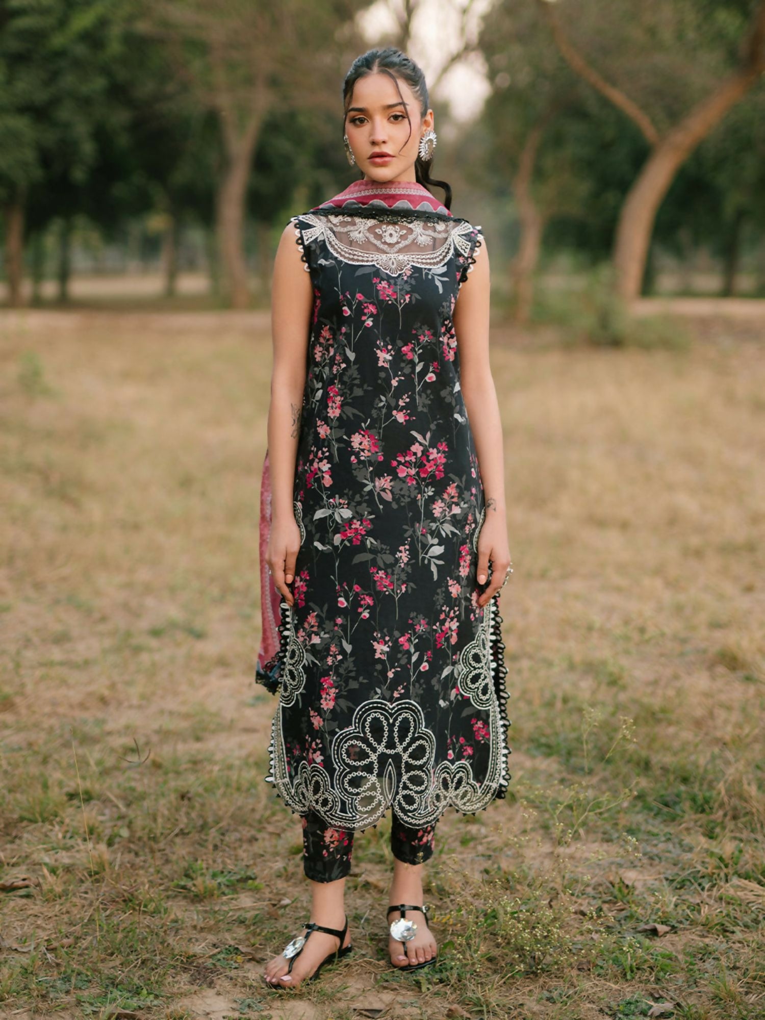 Parishay embroidered lawn front with intricate neckline and borders – stitched 3-piece suit