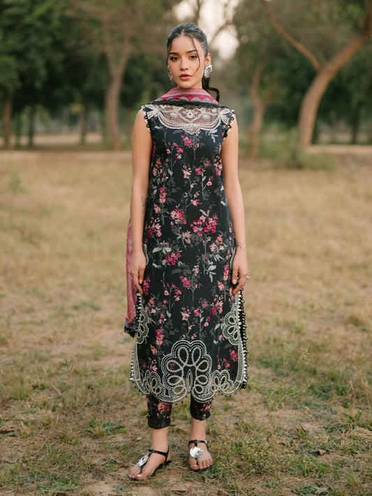 Parishay embroidered lawn front with intricate neckline and borders – stitched 3-piece suit