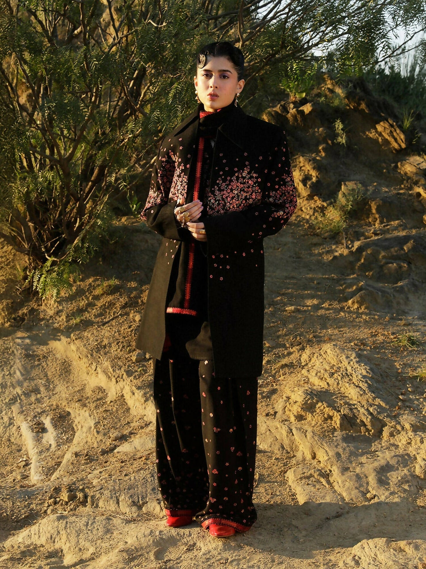 Jugnu by Hussain Rehar AW'24 Karandi Embroidered Trench Coat-Ayra