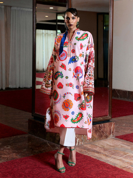Light pink cotton long shirt with digital print and multicolor embroidered trims, floral embroidered sleeves, and ivory cotton culottes.