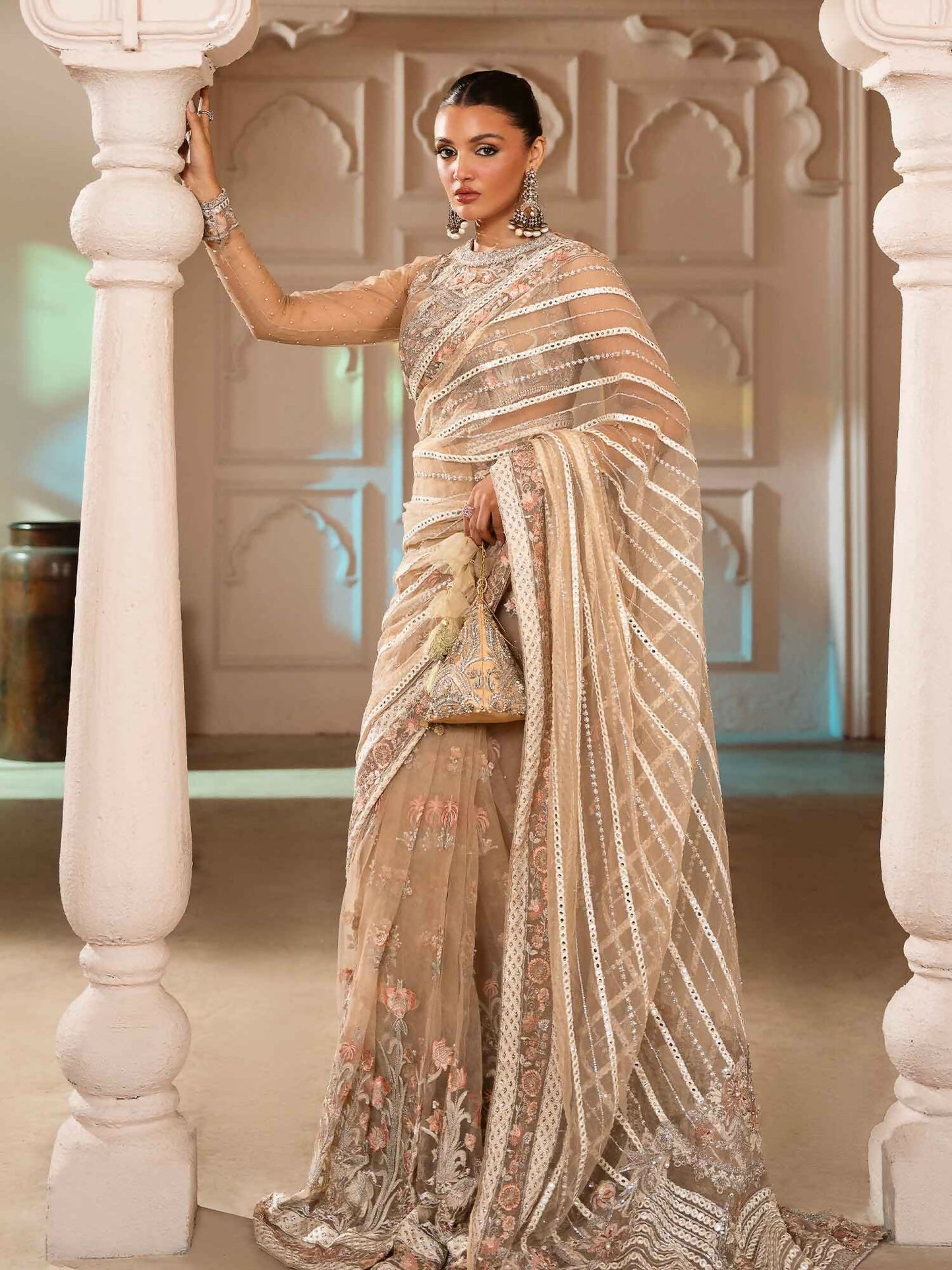 Shiza Hassan Shehnai Bareeze Net Embellished Stitched Saree-Vince