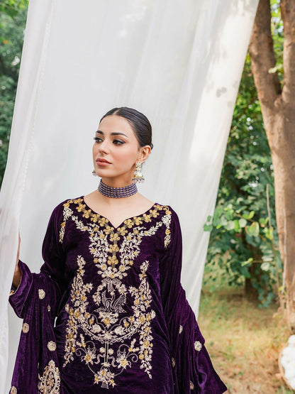 Panache Apparel Velvet Edit Micro Velvet 9000 Embroidered Stitched Suit-Moor