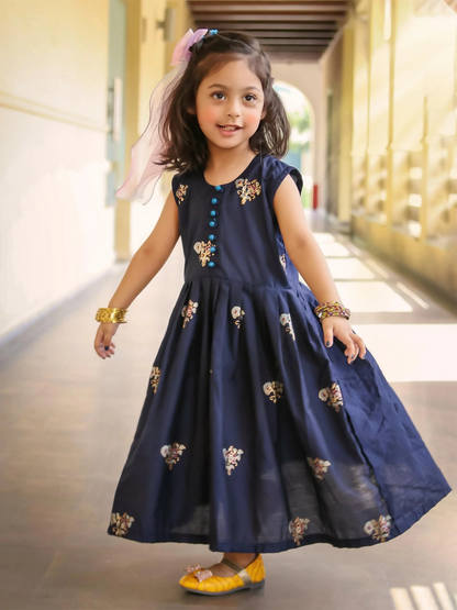 Kidoz Kloset Cotton Silk Printed Frock- Stary Night-Block Print Frock