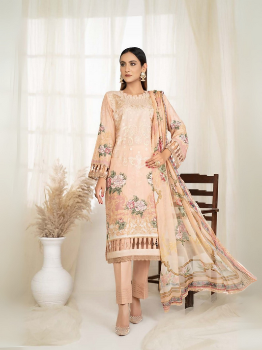 Peach Sitara Lawn Embroidered Unstitched 3-Piece Suit-128