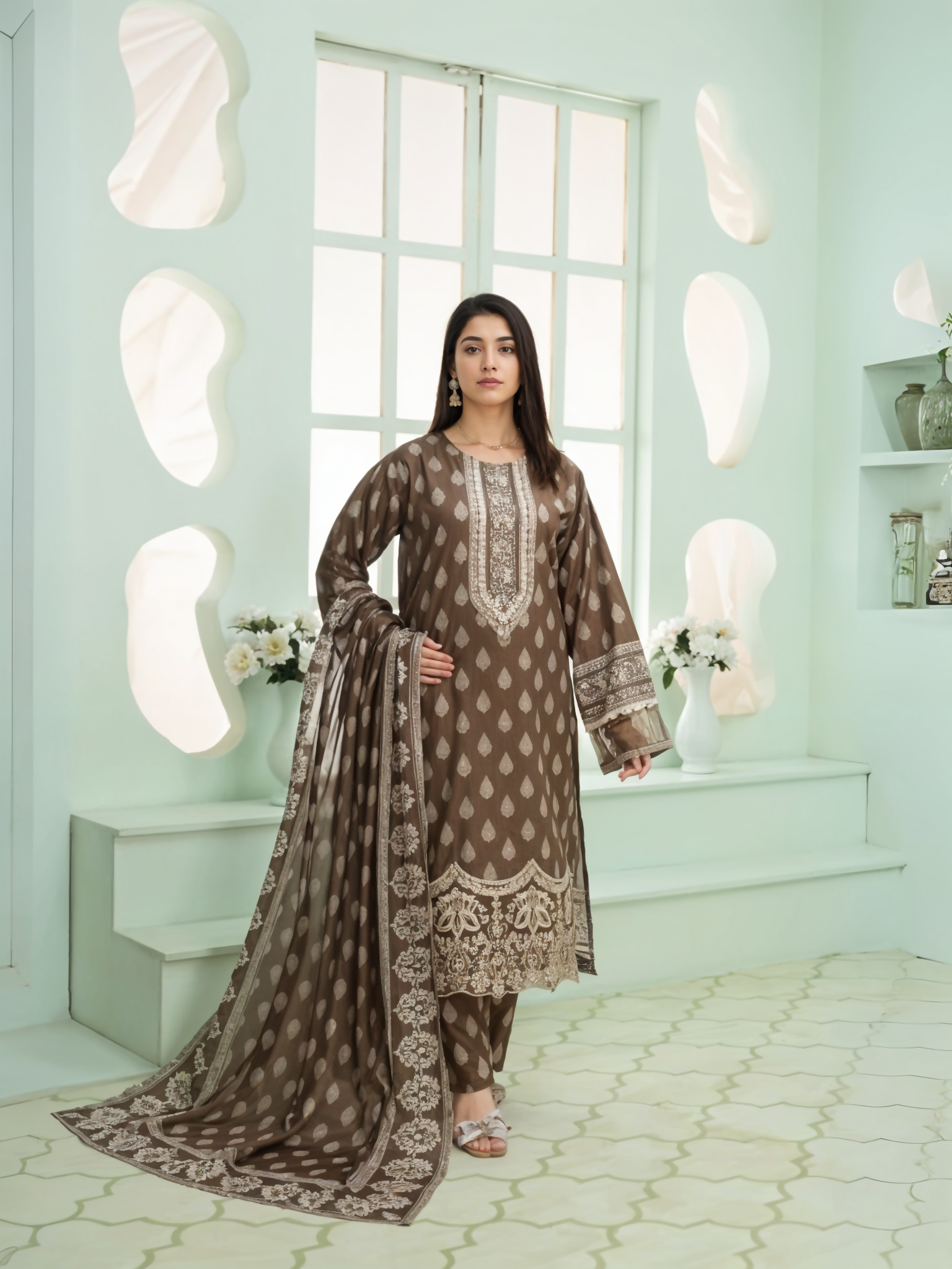 Brown Masoori Summer Lawn 3-Piece Stitched - 04