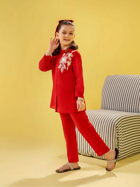Red Velvour Girls Printed Co-ord Set-VG153-A