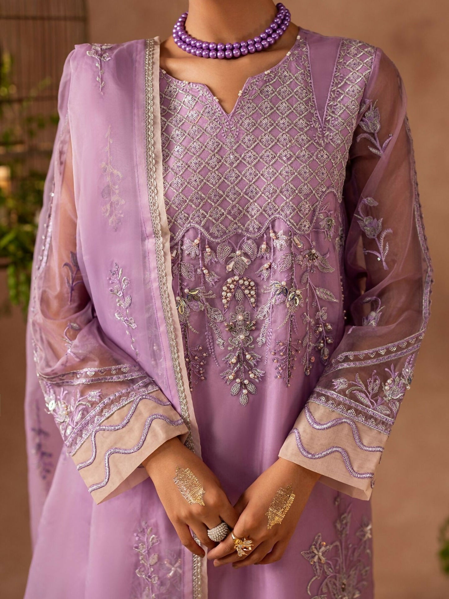 Shurooq Geet Organza Embroidered Stitched 3-Piece Suit-Ragni