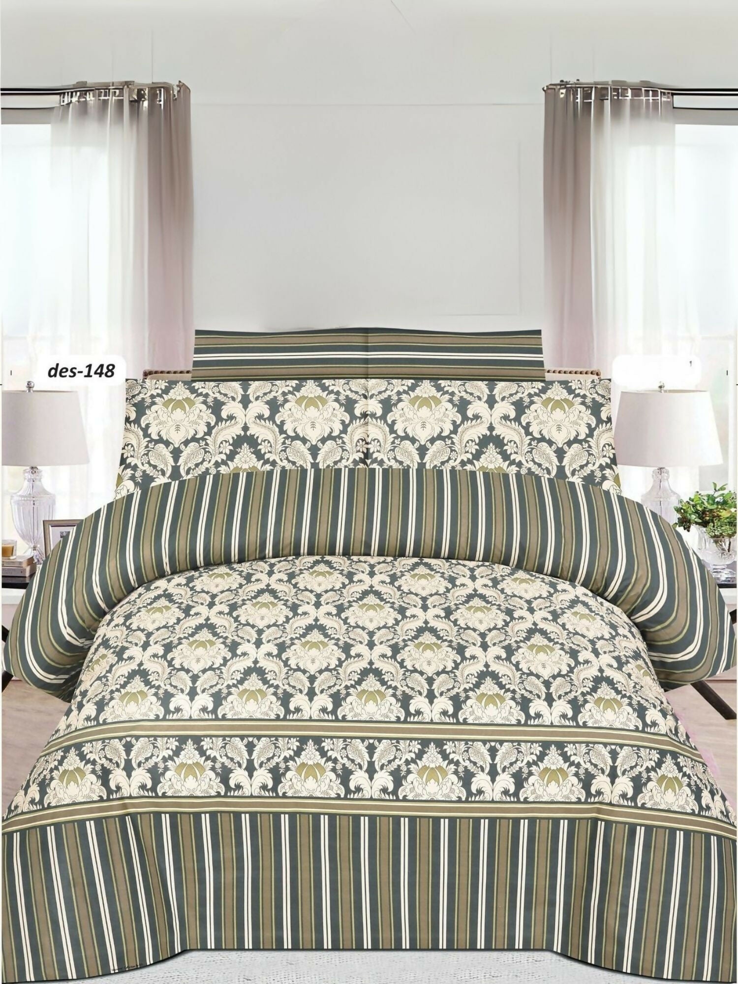 Green king-size bedsheet with white printed design and two matching pillow covers in poly cotton