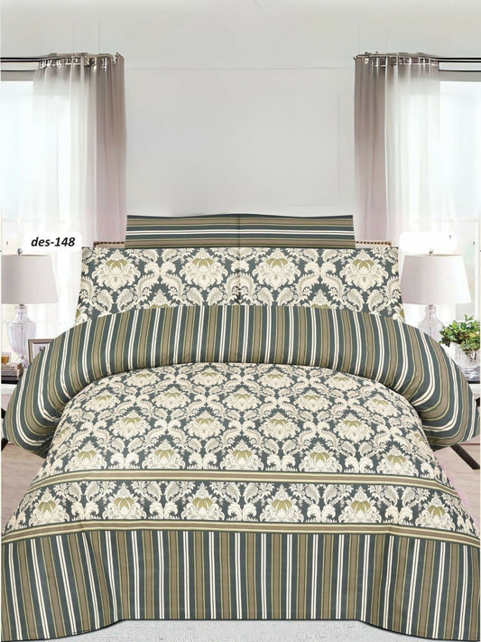 Green king-size bedsheet with white printed design and two matching pillow covers in poly cotton
