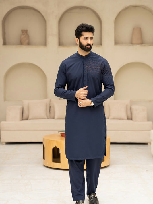 Fabrich Men Wash & Wear Embroidered Unstitched Shalwar Kameez-Navy