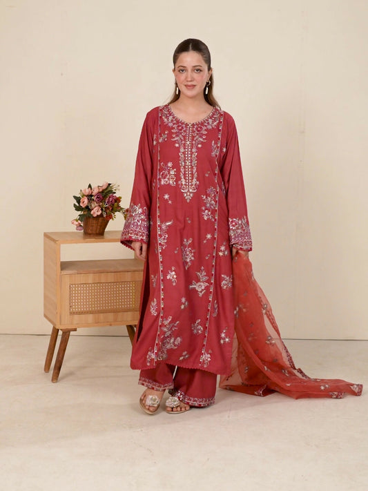Stylish Collection Royal Pret Linen Embroidered Stitched 3-Piece Suit-Dusty Rose