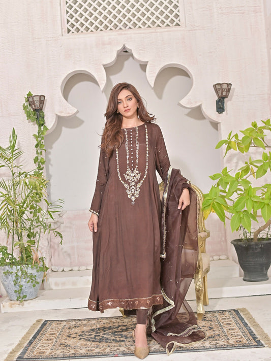Ruby's Couture ShIreen Raw Silk Embroidered Stitched 3-Piece Suit-Pasbaan