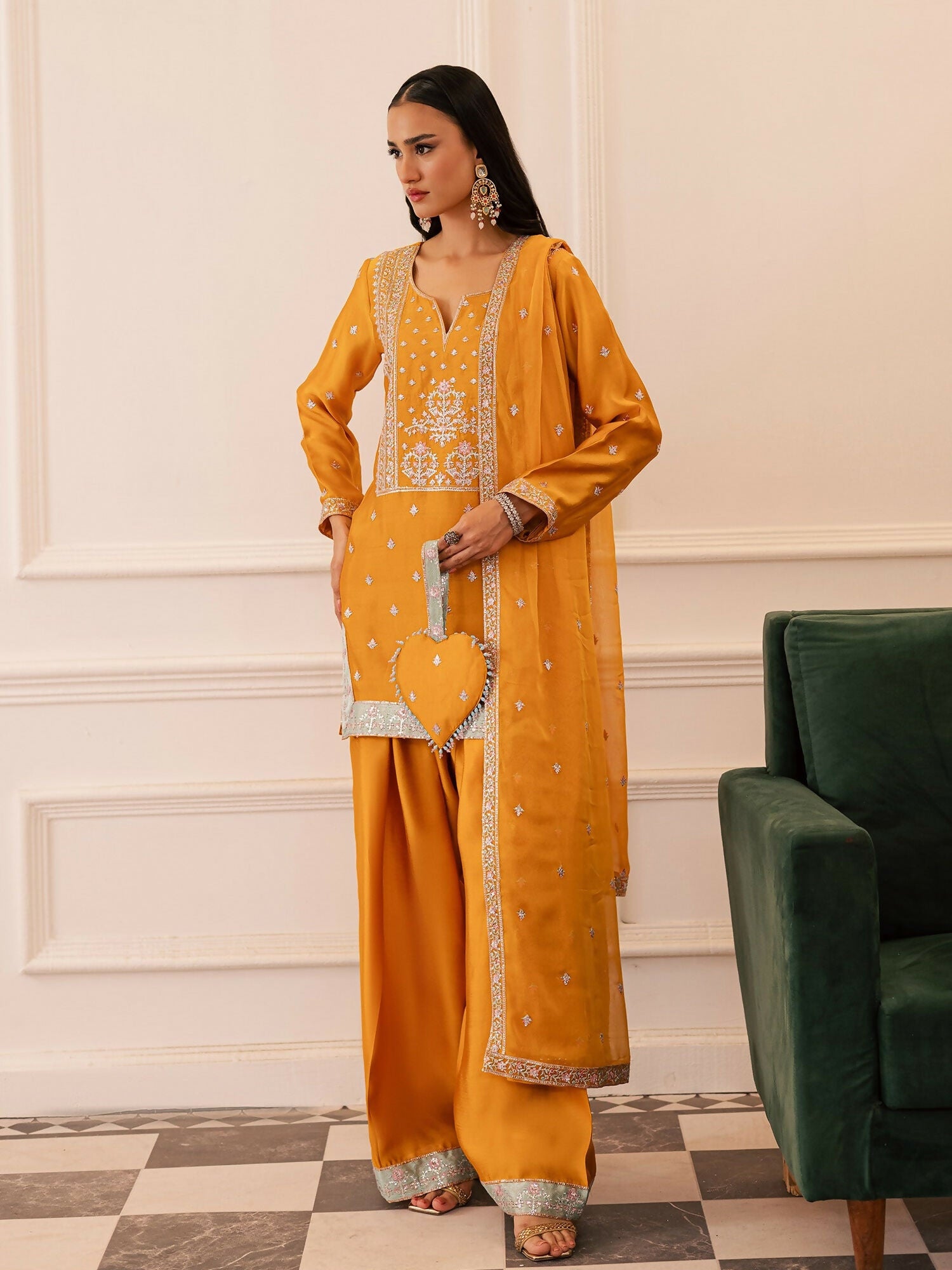 Allure By IH Be-My-Guest Thai silk Embellished Stitched 3-Piece Suit-Honey Burn