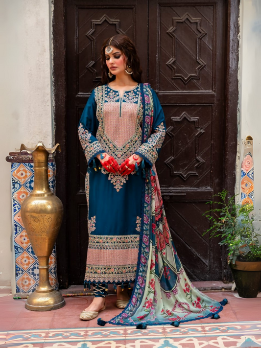 Unstitched 3-piece suit with embroidered lawn shirt featuring borders and motifs, digital printed chiffon dupatta, and dyed cotton trouser.