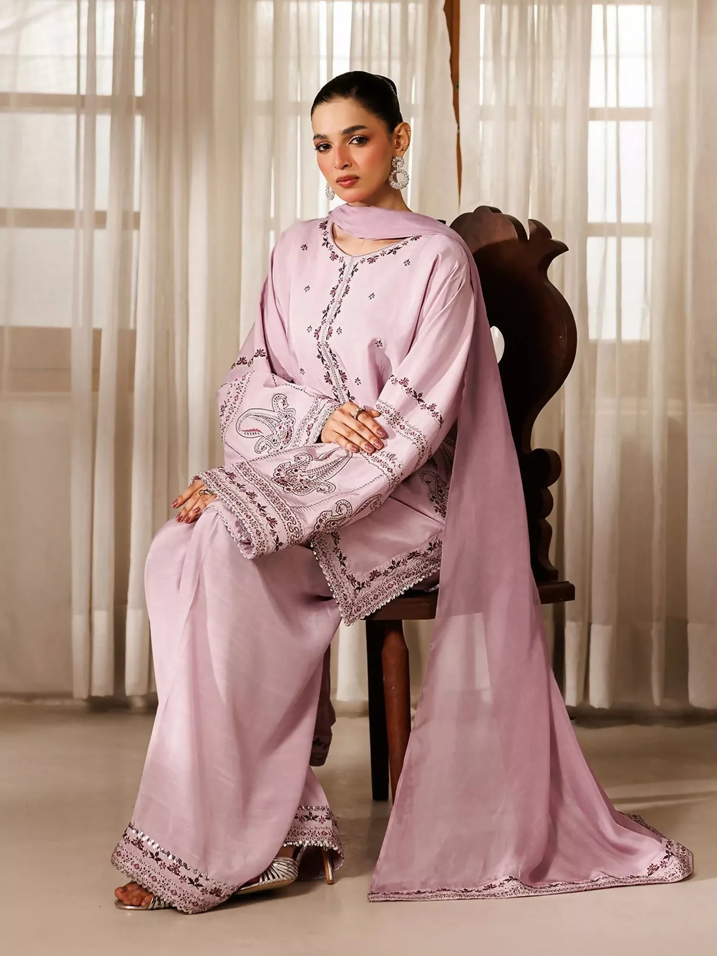 Panache Apparel Noore Eid Edit Sheesha Silk Embroidered Stitched Suit-Gull