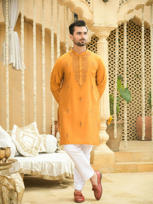 Fabrich Shehnai Men Cotton Silk Embroidered Unstitched Kurta Shalwar-GTS-SK-002