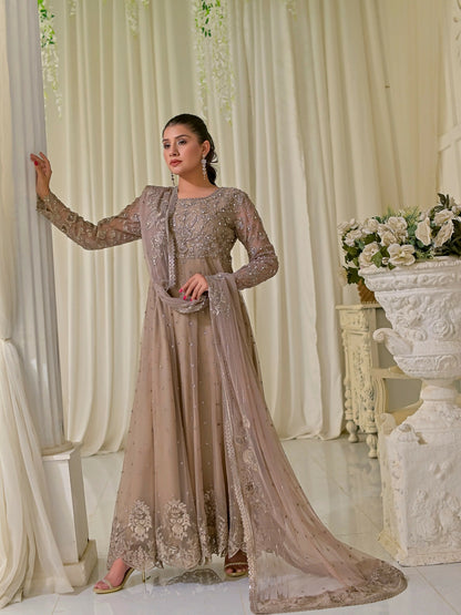 Farooq Hameed Studio Net Embroidered Stitched 3-Piece Suit-Oud-Majestic