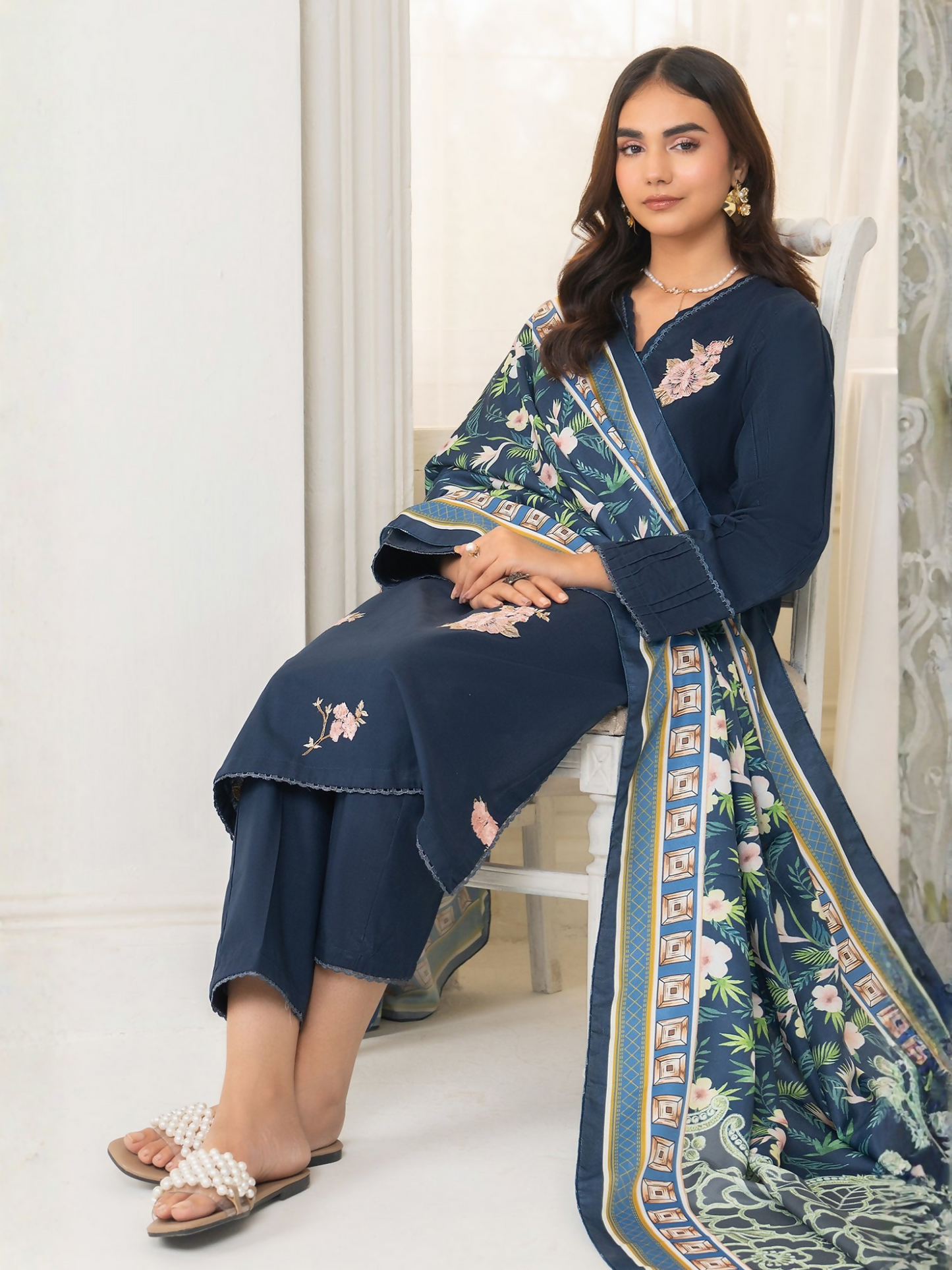 Panache Apparel Winter Whisper Khaddar Embroidered Stitched 3-Piece Suit-Navy Frost
