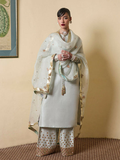 Hussain Rehar ice blue raw silk long shirt with choridar sleeves, hand-embellished culottes, and organza dupatta finished with lappa and golden gitian