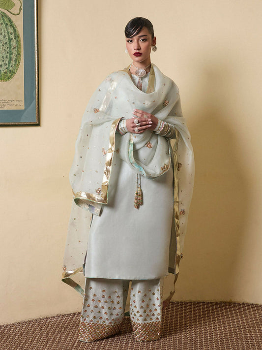 Hussain Rehar ice blue raw silk long shirt with choridar sleeves, hand-embellished culottes, and organza dupatta finished with lappa and golden gitian