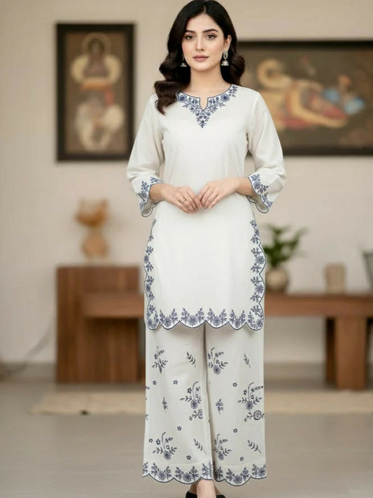 MAK Fashion Khaddar Embroidered Co-Ord Set-Blue Moon