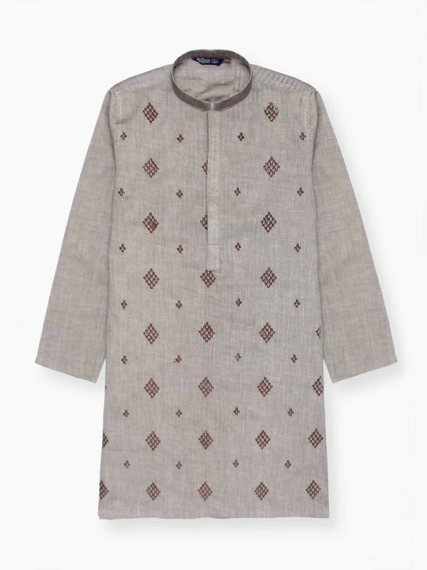 Boy wearing embroidered cotton stitched kurta with mandarin collar, full sleeves, regular fit, and delicate motif work on the front – traditional ethnic wear for kids.