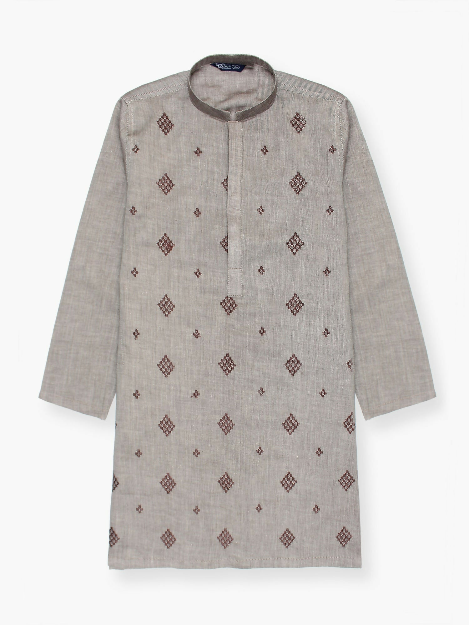 Boy wearing embroidered cotton stitched kurta with mandarin collar, full sleeves, regular fit, and delicate motif work on the front – traditional ethnic wear for kids.