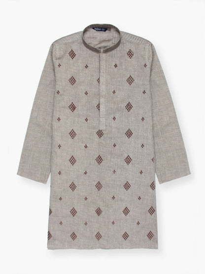 Boy wearing embroidered cotton stitched kurta with mandarin collar, full sleeves, regular fit, and delicate motif work on the front – traditional ethnic wear for kids.
