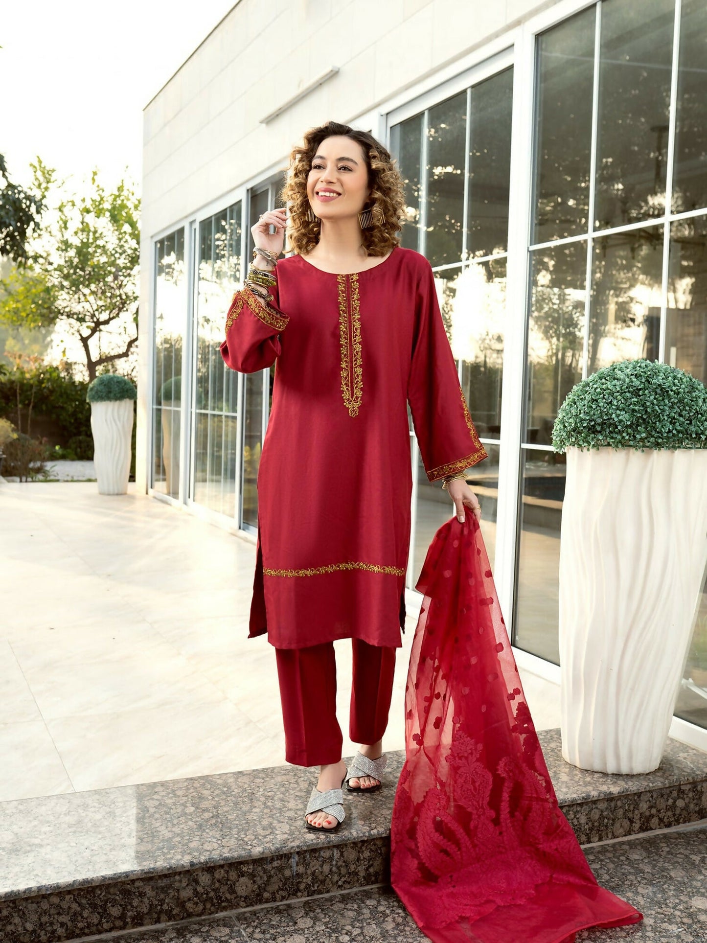 Panache Apparel Lawn Embroidered Stitched 2-Piece Suit-Maroon Sleek