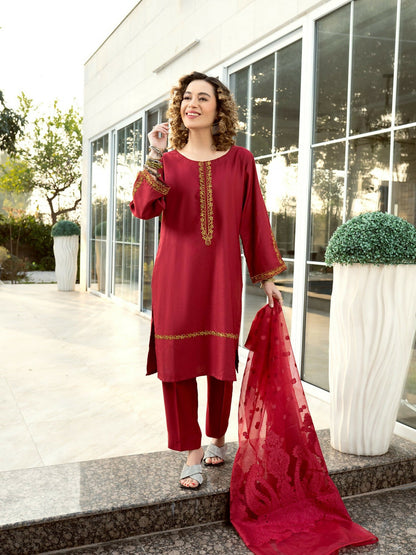 Panache Apparel Lawn Embroidered Stitched 2-Piece Suit-Maroon Sleek