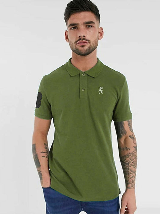 Men's slim fit pique polo shirt with classic collar, stretchable cotton-Lycra blend fabric, embroidered logo, arm appliqué, and side vents – durable and comfortable for casual or semi-formal wear.