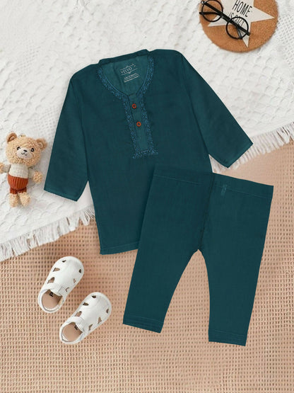 Embroidered stitched cotton kurta pajama suit with round neck, full sleeves, and regular fit, ideal for traditional and festive occasions