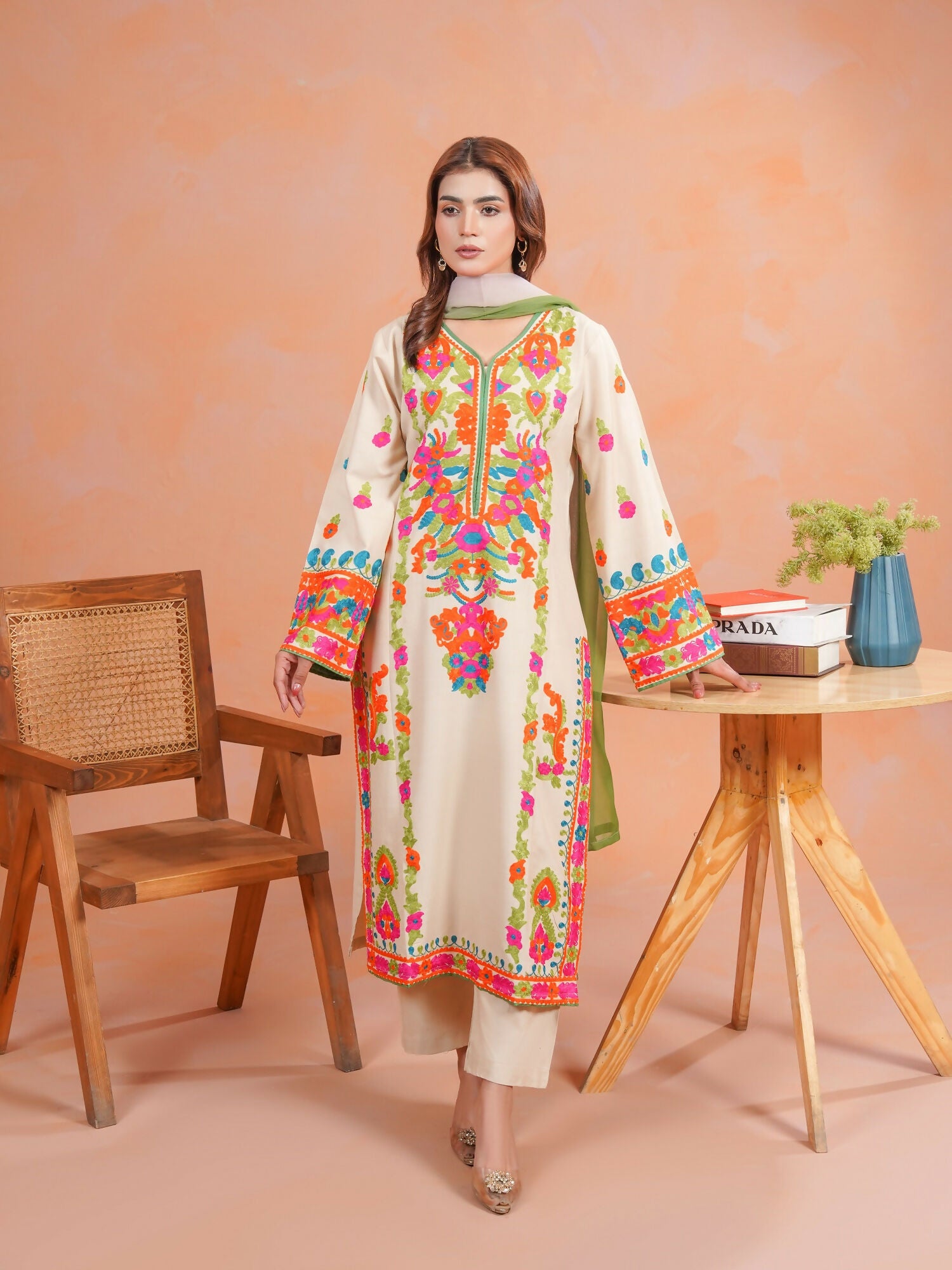 Tawakal Closet Linen Embroidered Stitched 3-Piece Suit-Multi Beige