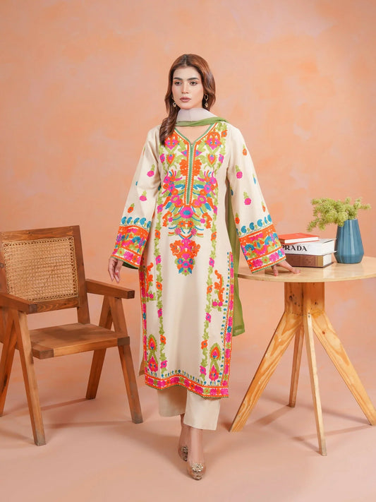 Zeephire Linen Embroidered Stitched 3-Piece Suit-Multi Beige
