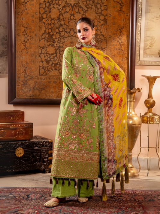 Fatima Hussain unstitched 3-piece suit with embroidered lawn shirt, sequined daman border, digital printed chiffon dupatta, and dyed cotton trouser.