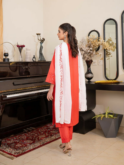 Tehzeeb Libas Cotton Lawn Embroidered Stitched 3-Piece Suit-FLAME AURA