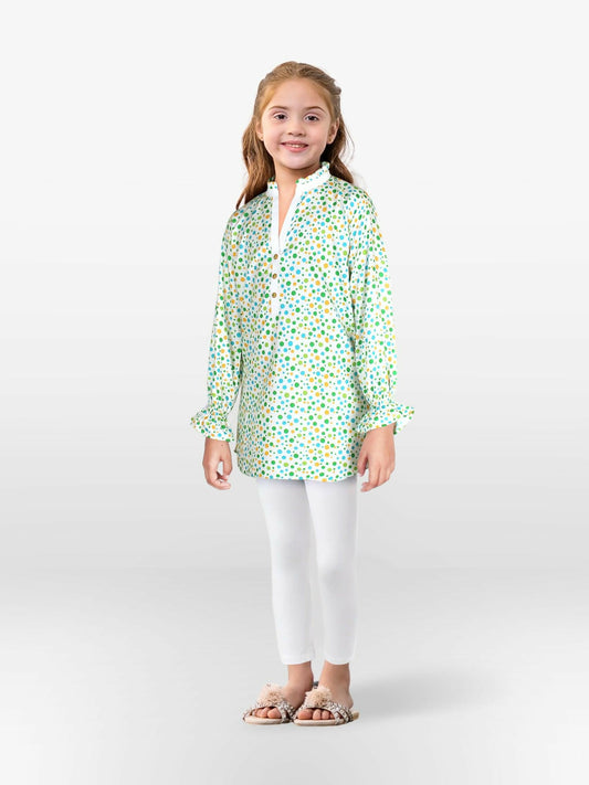 Off-White and Multi Polka Dots Velvour Girls Printed Stitched Kurti Tunic-VG117