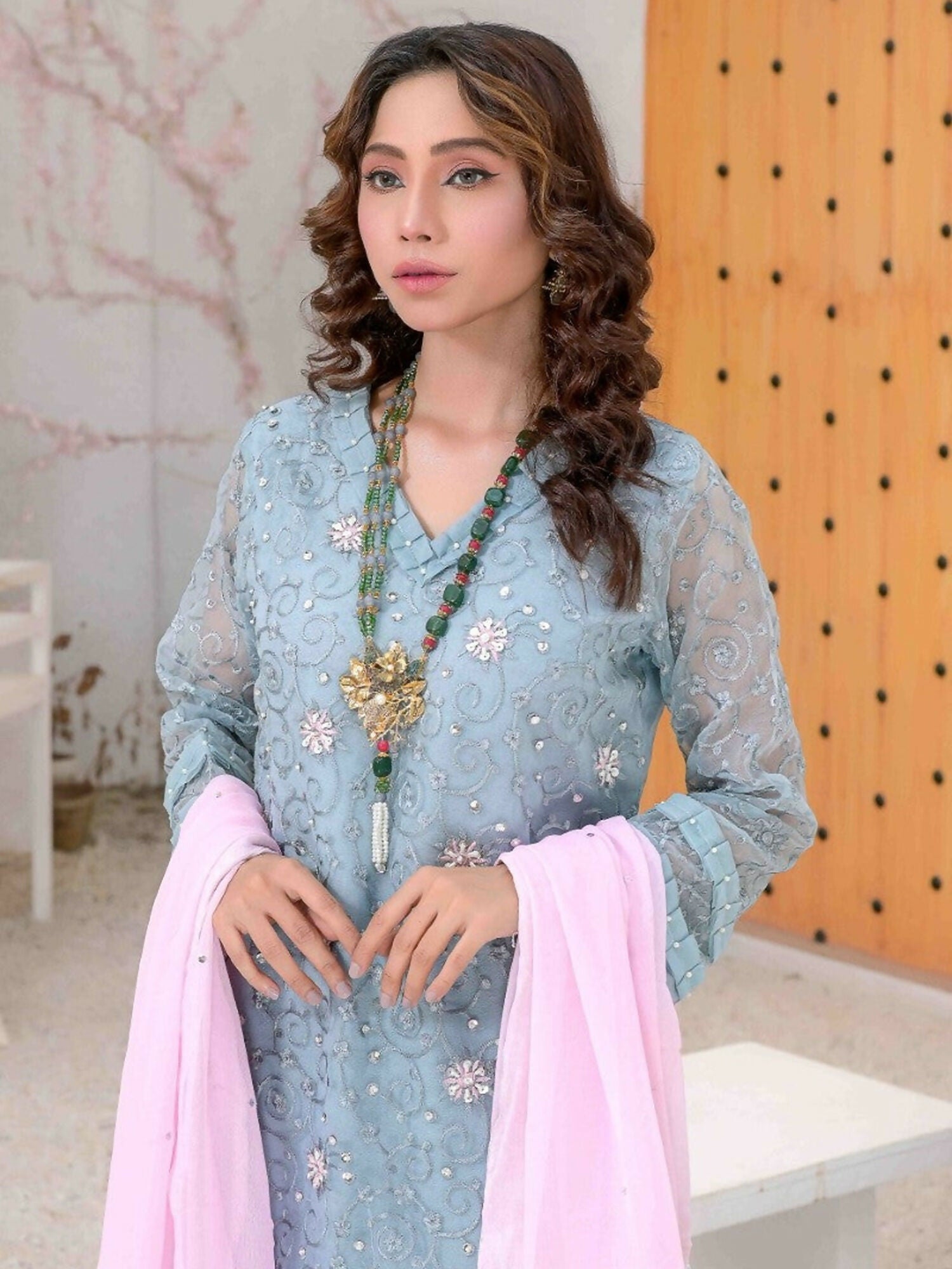 Ruby's Couture Ashiyana Organza Embroidered Stitched 3-Piece Suit-Shazmeen