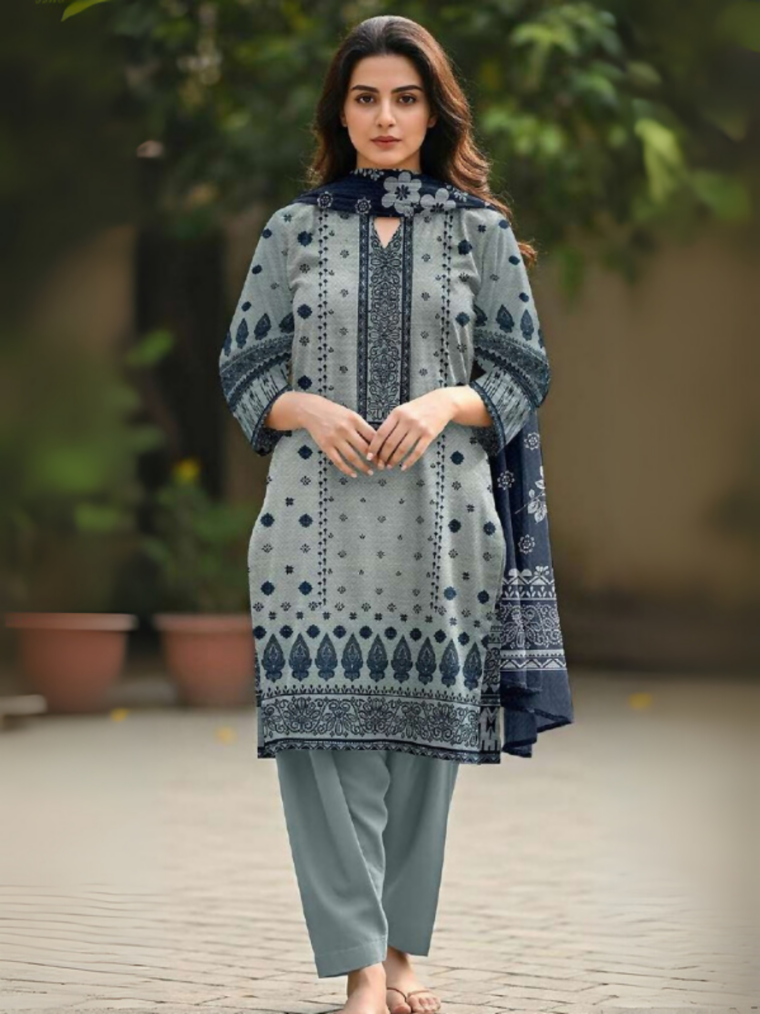Model showcasing a serene, sky-blue unstitched 3-piece suit featuring a digitally printed lawn shirt, matching voile dupatta, and a solid dyed trouser, perfect for a graceful and breathable everyday look.