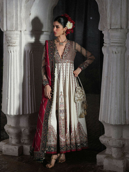 Hussain Rehar Festive Unstitched'26 Korean Raw Silk Embroidered 3-Piece Suit-Madhu Bala