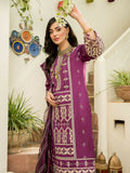 Panache Apparel Chambray Katan Embroidered Stitched Suit-Sangria