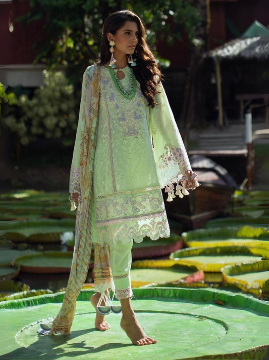 Mint green schiffli embroidered lawn unstitched 3-piece suit with digitally printed chiffon dupatta by Ansab Jahangir.