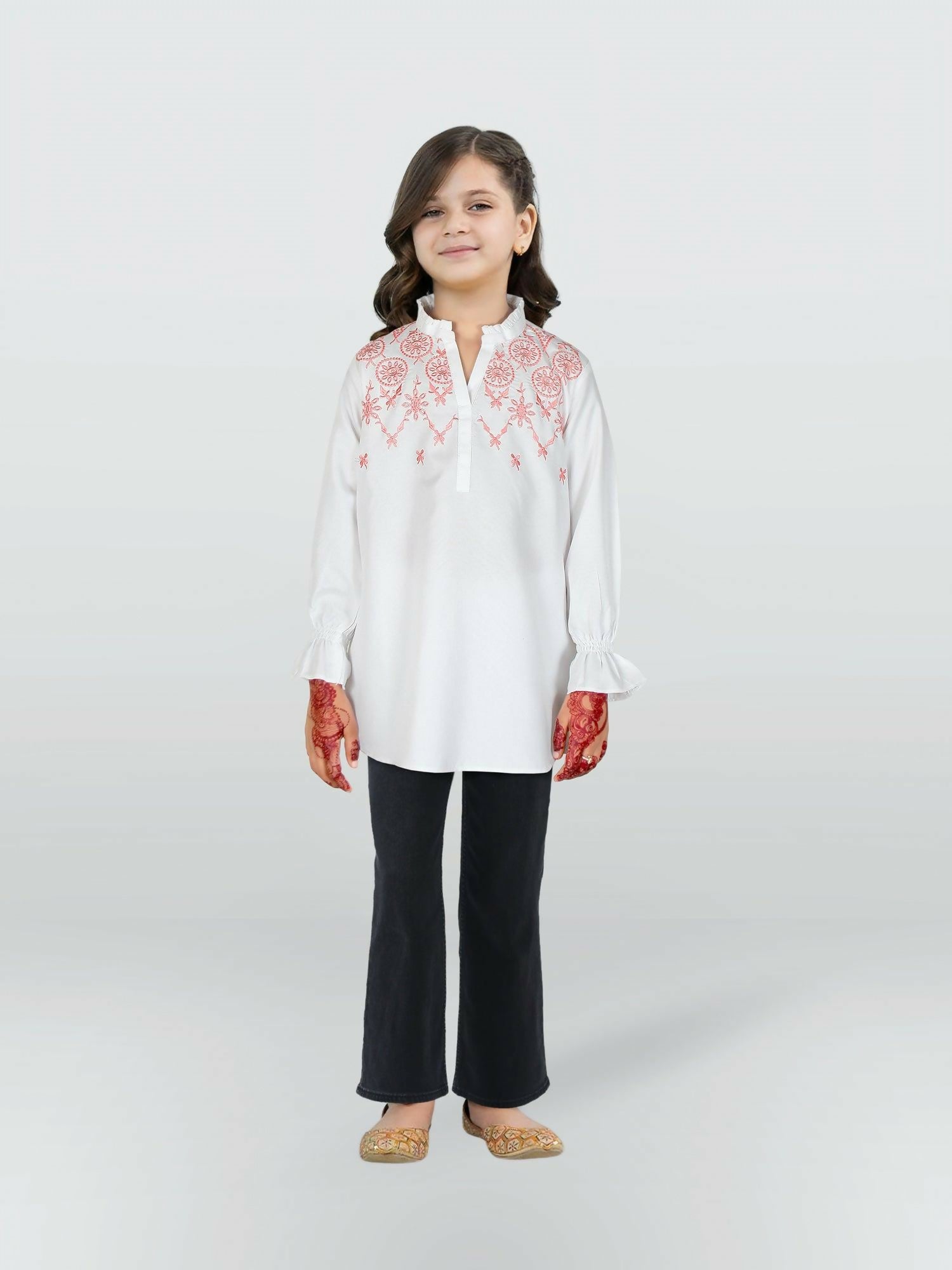 White and Pink Velvour Girls Embroidered Stitched Tunic-VG118-A
