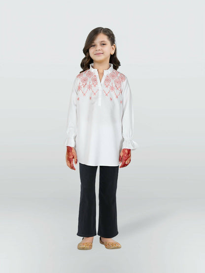 White and Pink Velvour Girls Embroidered Stitched Tunic-VG118-A
