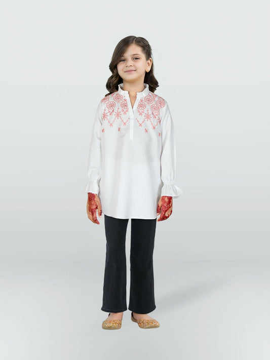 White and Pink Velvour Girls Embroidered Stitched Tunic-VG118-A