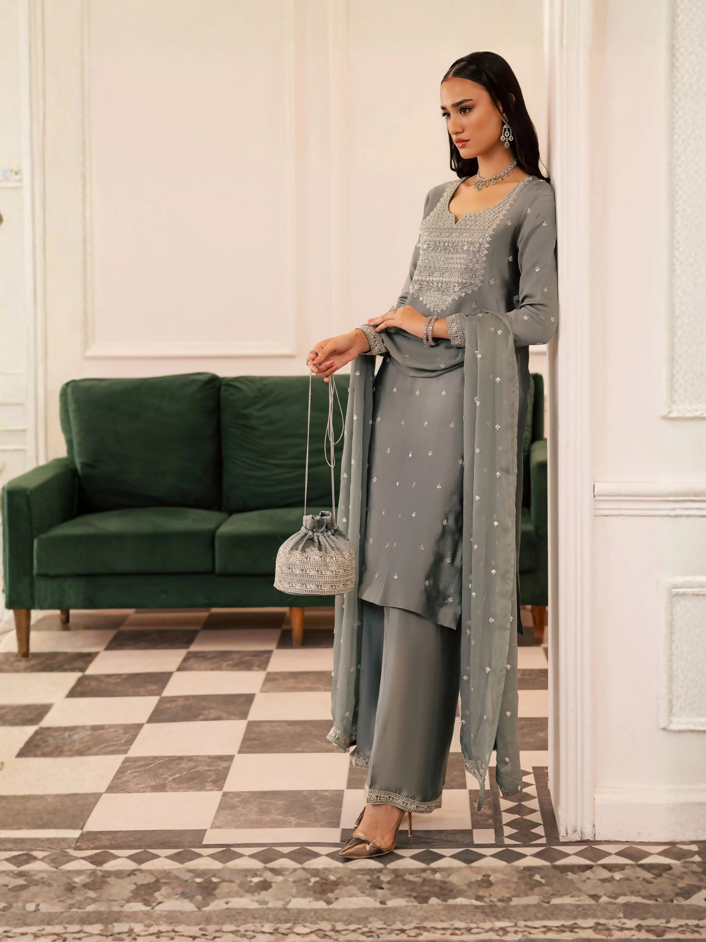 Allure By IH Be-My-Guest Thai silk Embroidered Stitched 3-Piece Suit-Wild Cold