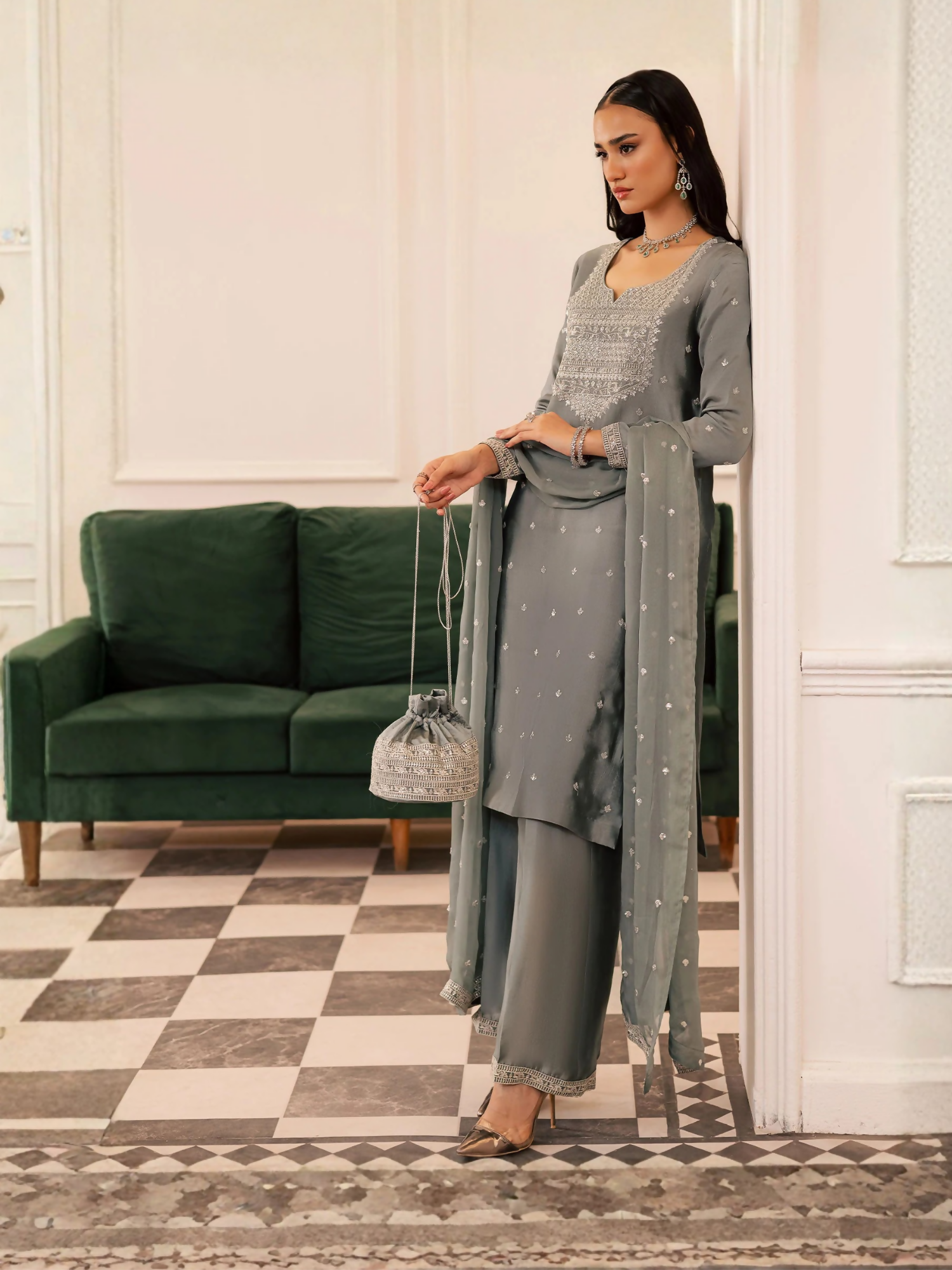 Allure By IH Be-My-Guest Thai silk Embroidered Stitched 3-Piece Suit-Wild Cold