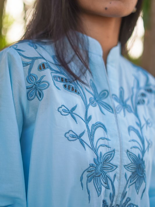 Kachy Dhaagy 2-piece embroidered lawn with threadwork neckline and sleeves, paired with plain trousers.